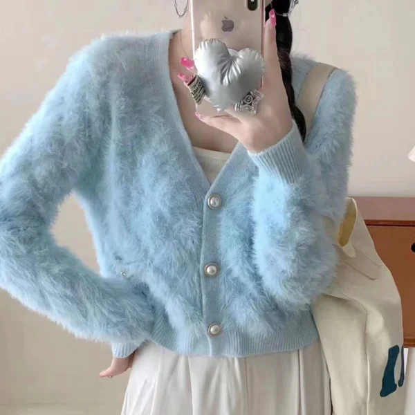 Women Mohair Cardigan Blue Soft Fuzzy Knit Sweater with Pearl Button Autumn Winter